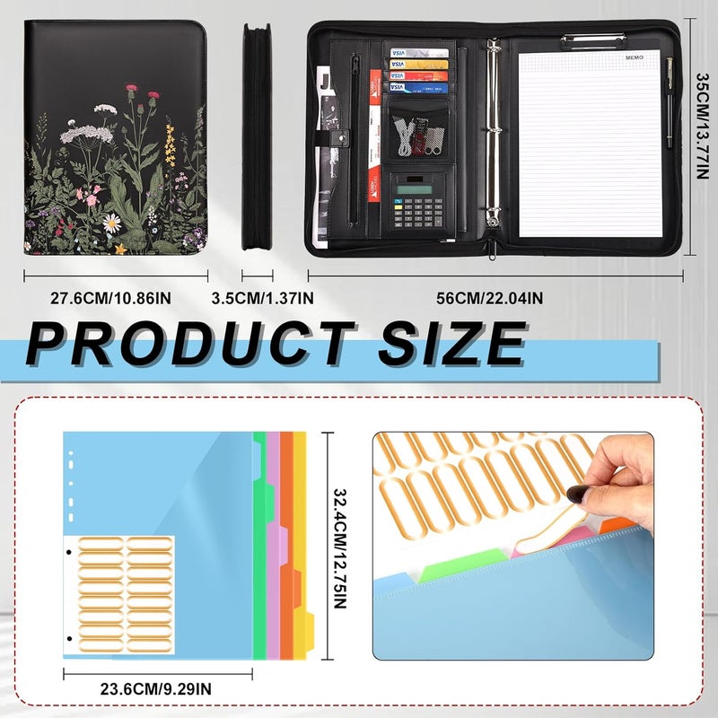 Eshow Portfolio Organizer - 3 Ring Binder with Zipper, Vegan Leather Business Padfolio Folder with Notepad Includes 5 Colorful Sheet Protectors for Documents Files for Women - Image 3
